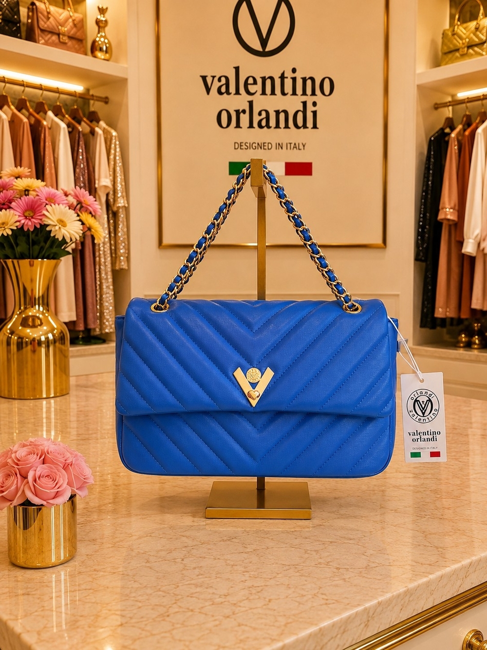 Brand New - Valentino Orlandi Blue Quilted Gold Chain-Handle Shoulder Bag